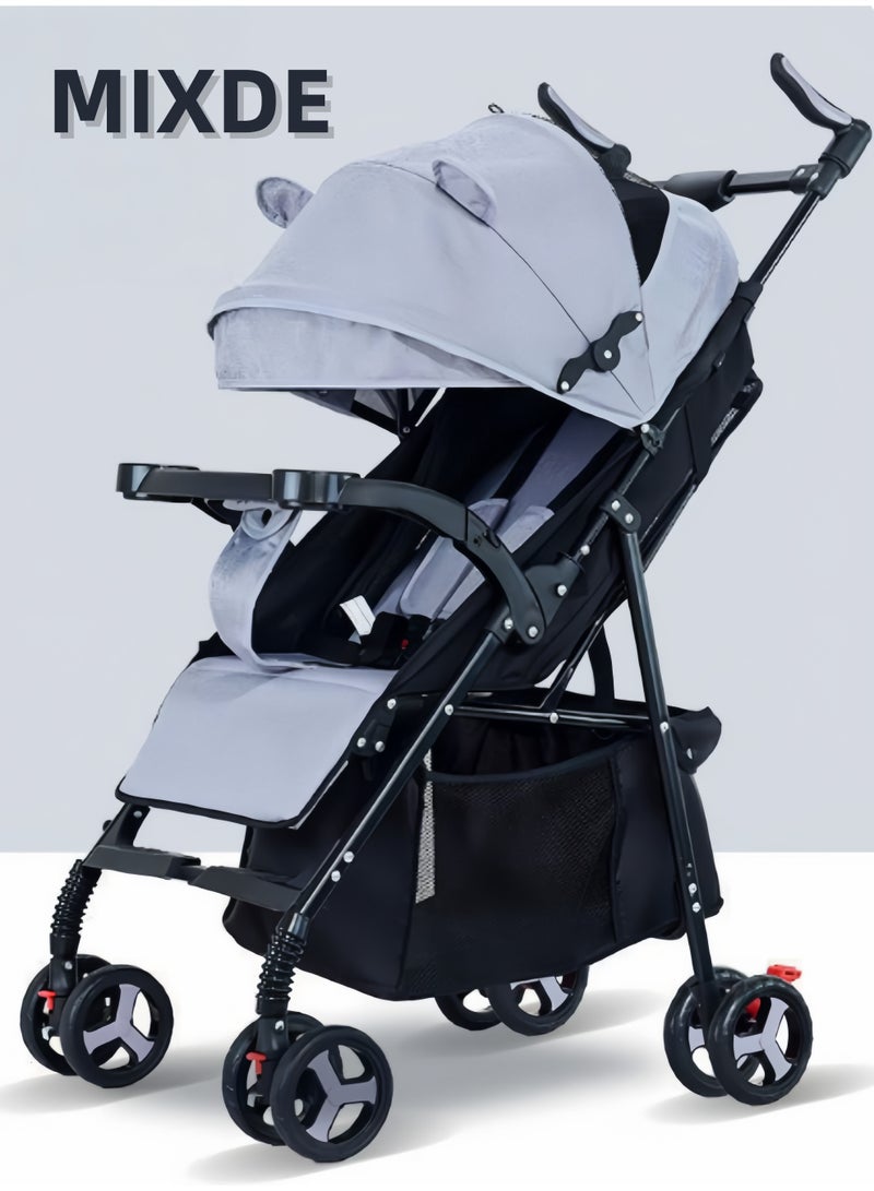 MIXDE Foldable Cabin Baby Stroller Pram for Baby with 3-Position Adjustable Seat, Metal Frame  Canopy, Bassinet, Parent Handle, 5 Point Safety Belt, Stroller for Kids Toddler 0 to 3 Years Boy Girl Grey - Image 1